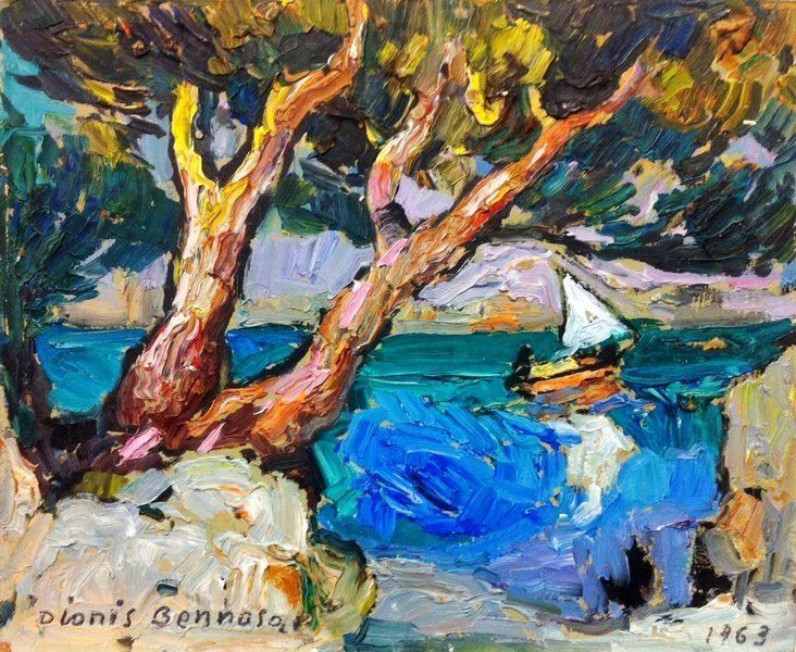 Dionís Bennàssar, pine tree over blue water with sailboat, 1963