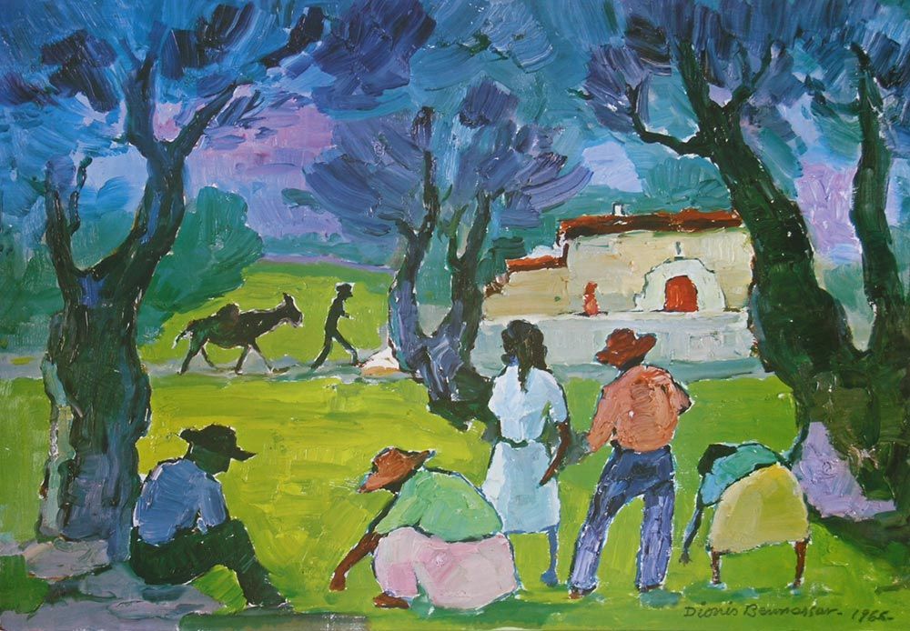 Dionís Bennàssar, rural figures and donkey under trees, 1966